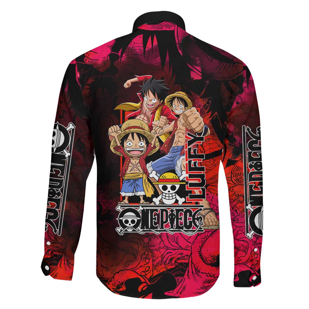 Luffy One Piece Red Theme Family Matching Long Sleeve Bodycon Dress and Hawaiian Shirt with Straw Hat Crew and Gear Transformation Design