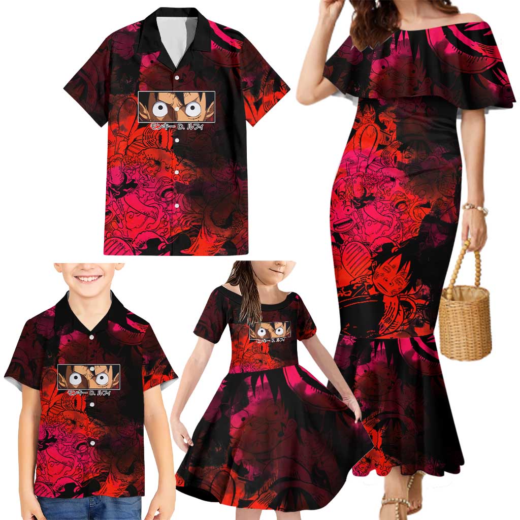 Luffy One Piece Red Theme Family Matching Mermaid Dress and Hawaiian Shirt with Straw Hat Crew and Gear Transformation Design