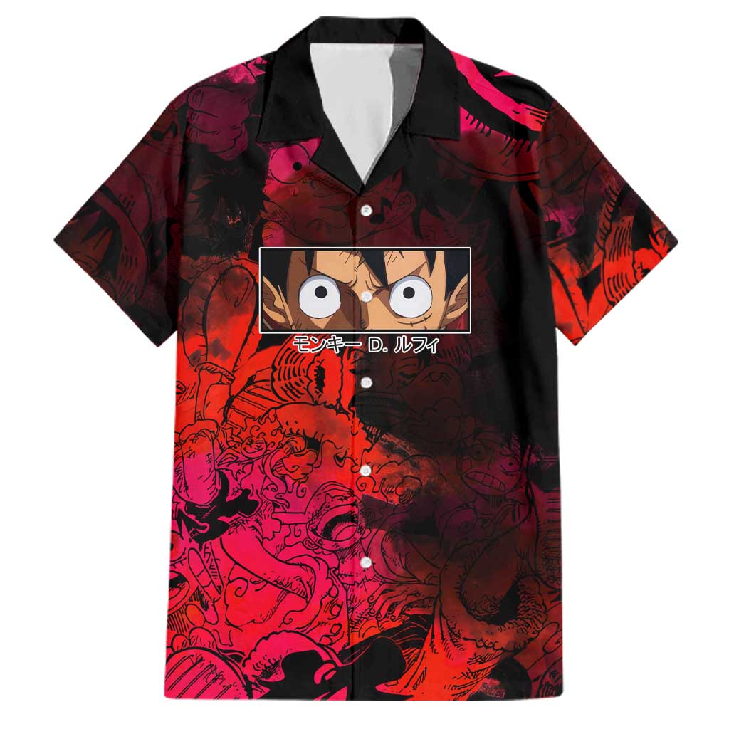 Luffy One Piece Red Theme Family Matching Mermaid Dress and Hawaiian Shirt with Straw Hat Crew and Gear Transformation Design