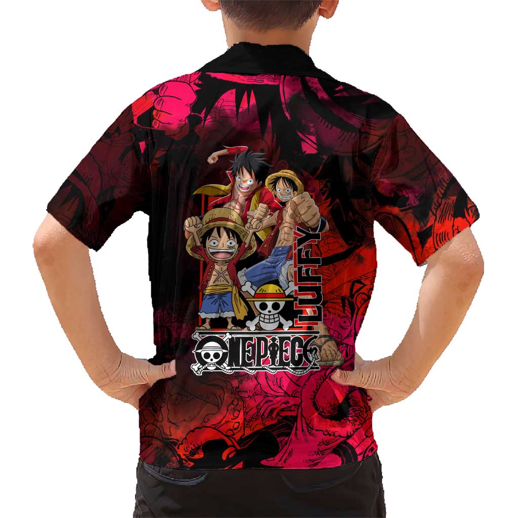 Luffy One Piece Red Theme Family Matching Off The Shoulder Long Sleeve Dress and Hawaiian Shirt with Straw Hat Crew and Gear Transformation Design