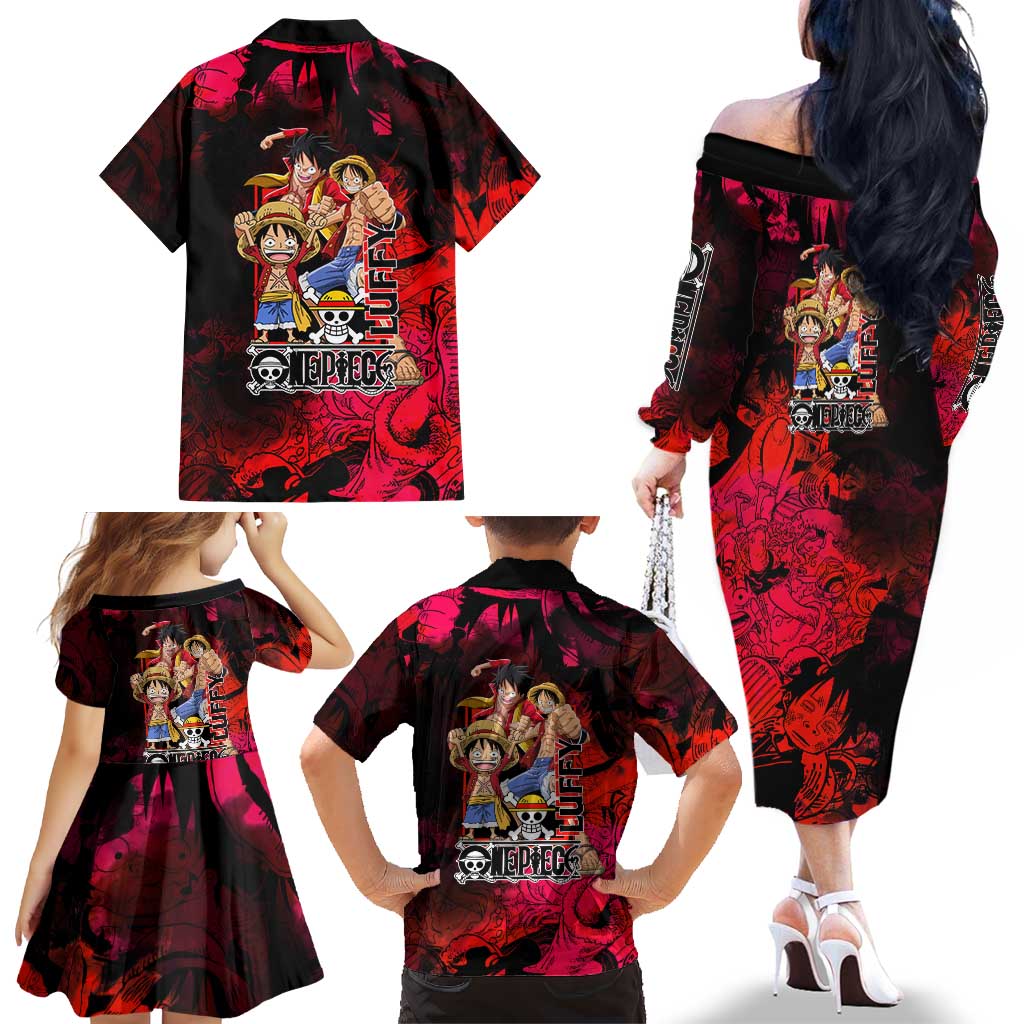 Luffy One Piece Red Theme Family Matching Off The Shoulder Long Sleeve Dress and Hawaiian Shirt with Straw Hat Crew and Gear Transformation Design