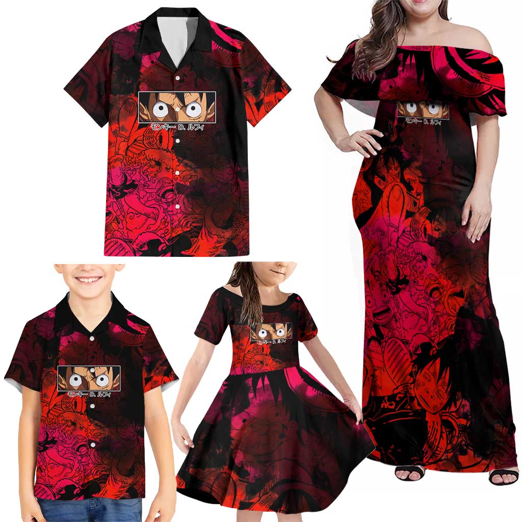 Luffy One Piece Red Theme Family Matching Off Shoulder Maxi Dress and Hawaiian Shirt with Straw Hat Crew and Gear Transformation Design