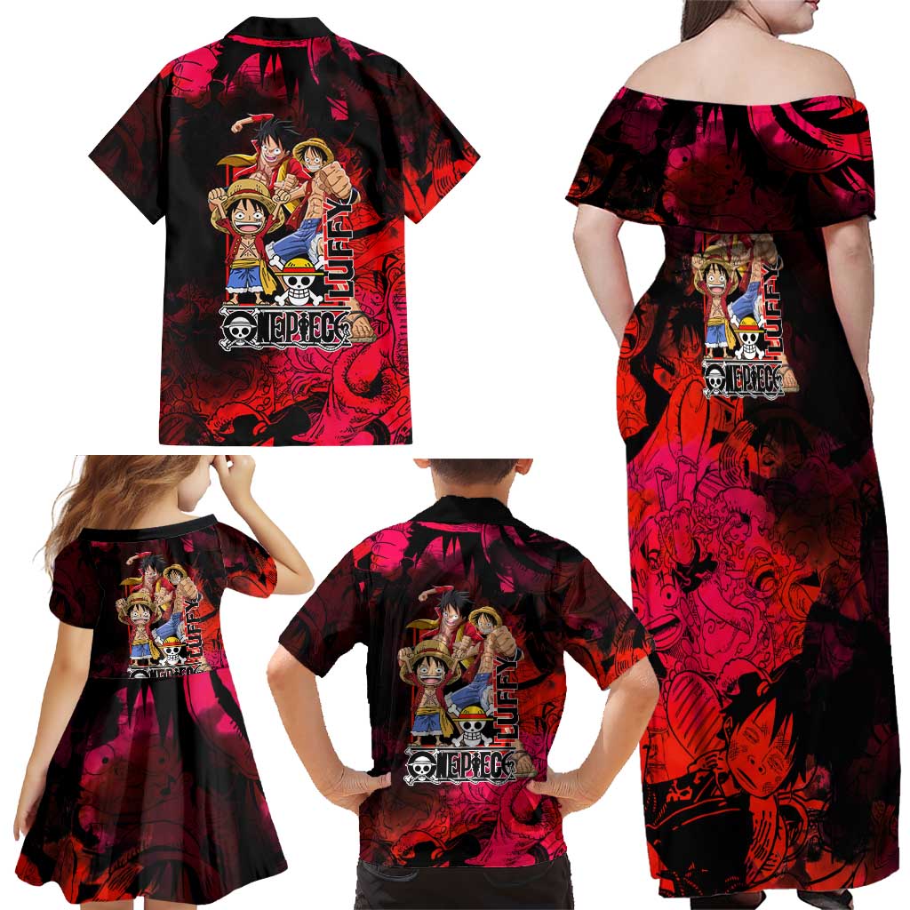Luffy One Piece Red Theme Family Matching Off Shoulder Maxi Dress and Hawaiian Shirt with Straw Hat Crew and Gear Transformation Design