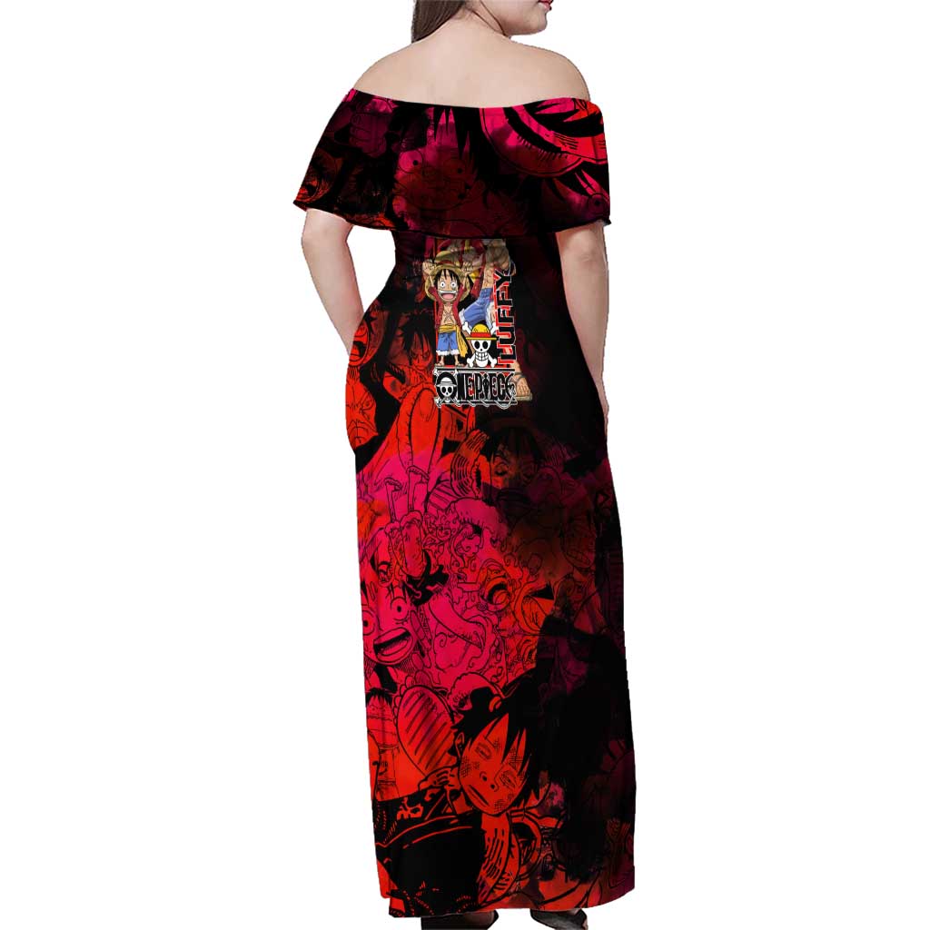 Luffy One Piece Red Theme Family Matching Off Shoulder Maxi Dress and Hawaiian Shirt with Straw Hat Crew and Gear Transformation Design