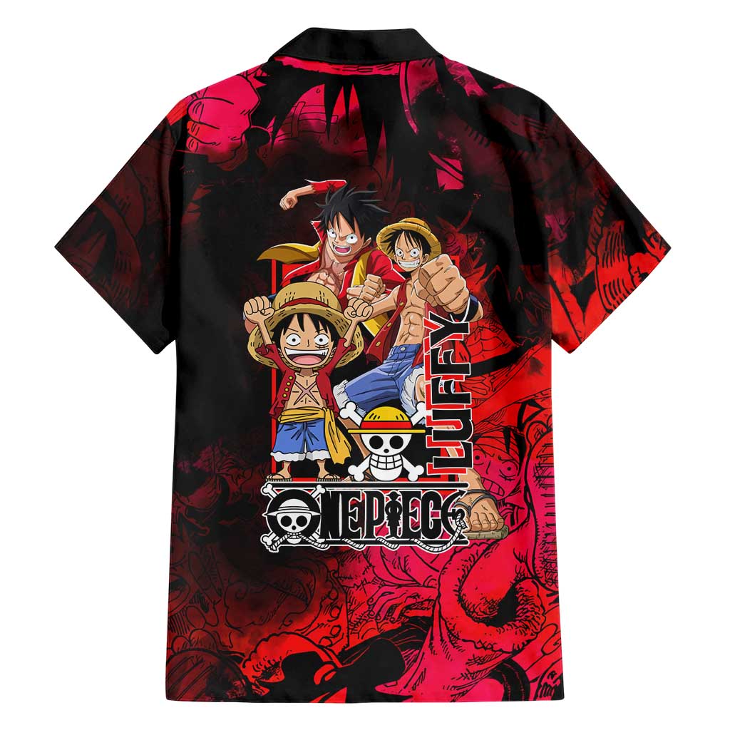 Luffy One Piece Red Theme Family Matching Off Shoulder Short Dress and Hawaiian Shirt with Straw Hat Crew and Gear Transformation Design