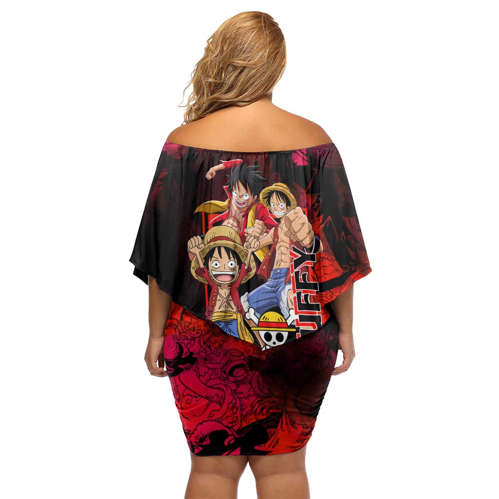 Luffy One Piece Red Theme Family Matching Off Shoulder Short Dress and Hawaiian Shirt with Straw Hat Crew and Gear Transformation Design