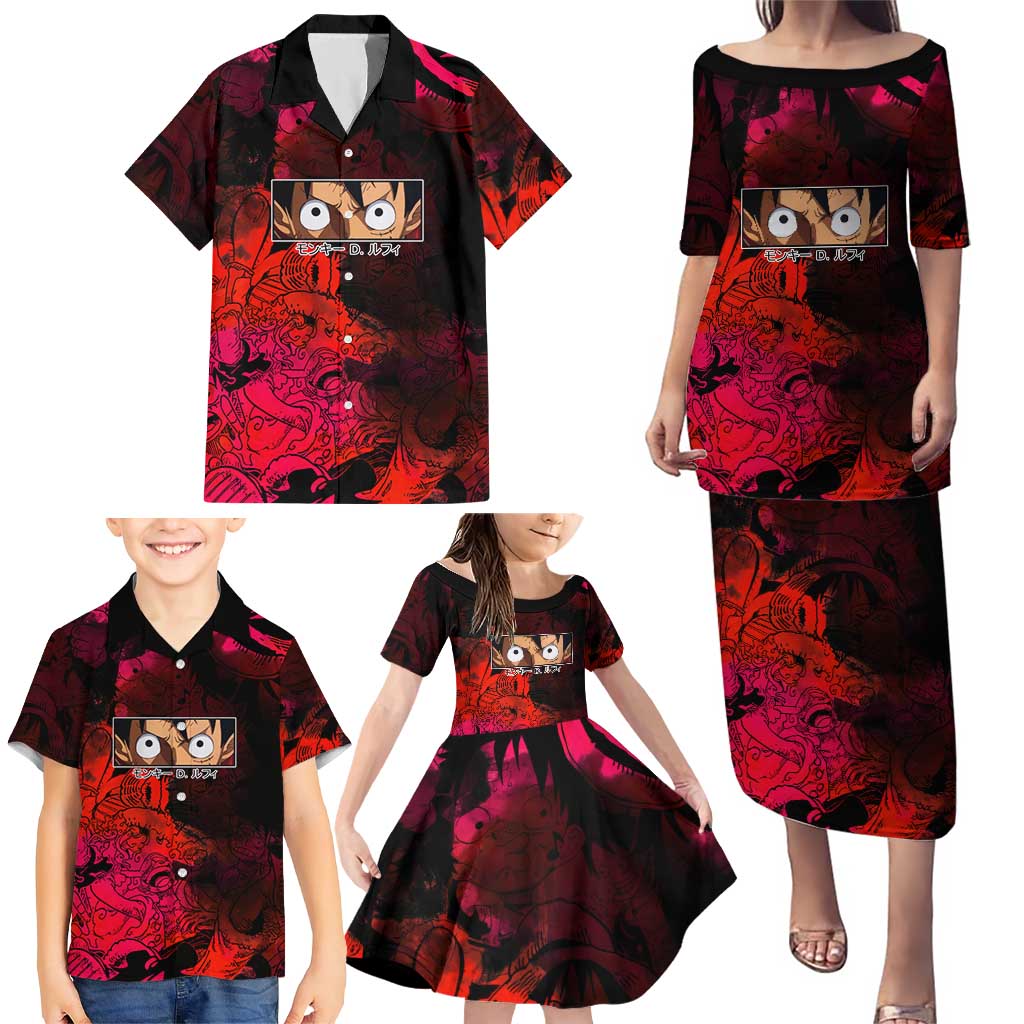 Luffy One Piece Red Theme Family Matching Puletasi and Hawaiian Shirt with Straw Hat Crew and Gear Transformation Design