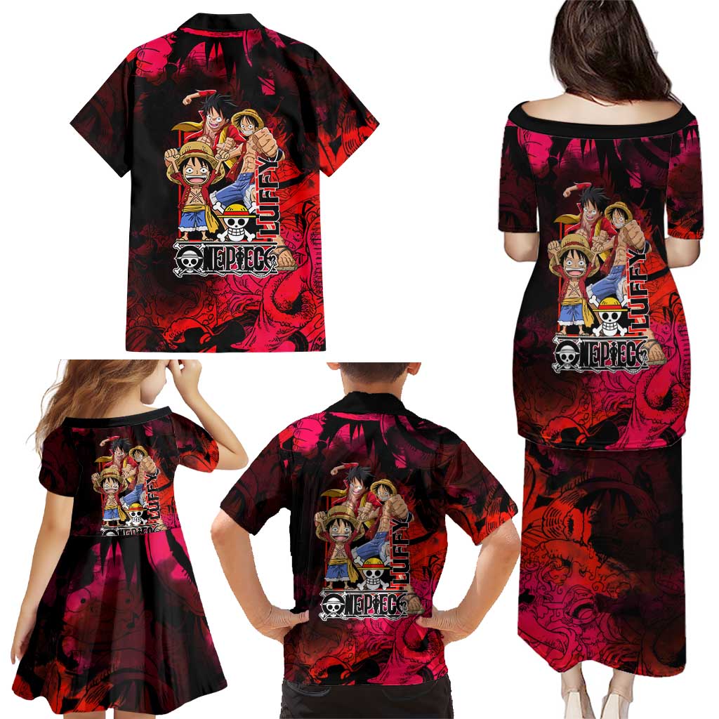 Luffy One Piece Red Theme Family Matching Puletasi and Hawaiian Shirt with Straw Hat Crew and Gear Transformation Design