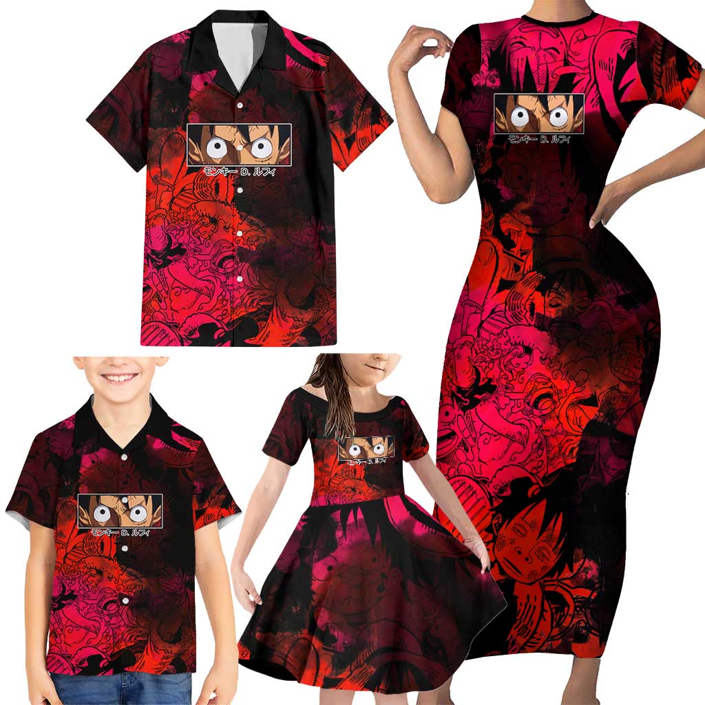 Luffy One Piece Red Theme Family Matching Short Sleeve Bodycon Dress and Hawaiian Shirt with Straw Hat Crew and Gear Transformation Design