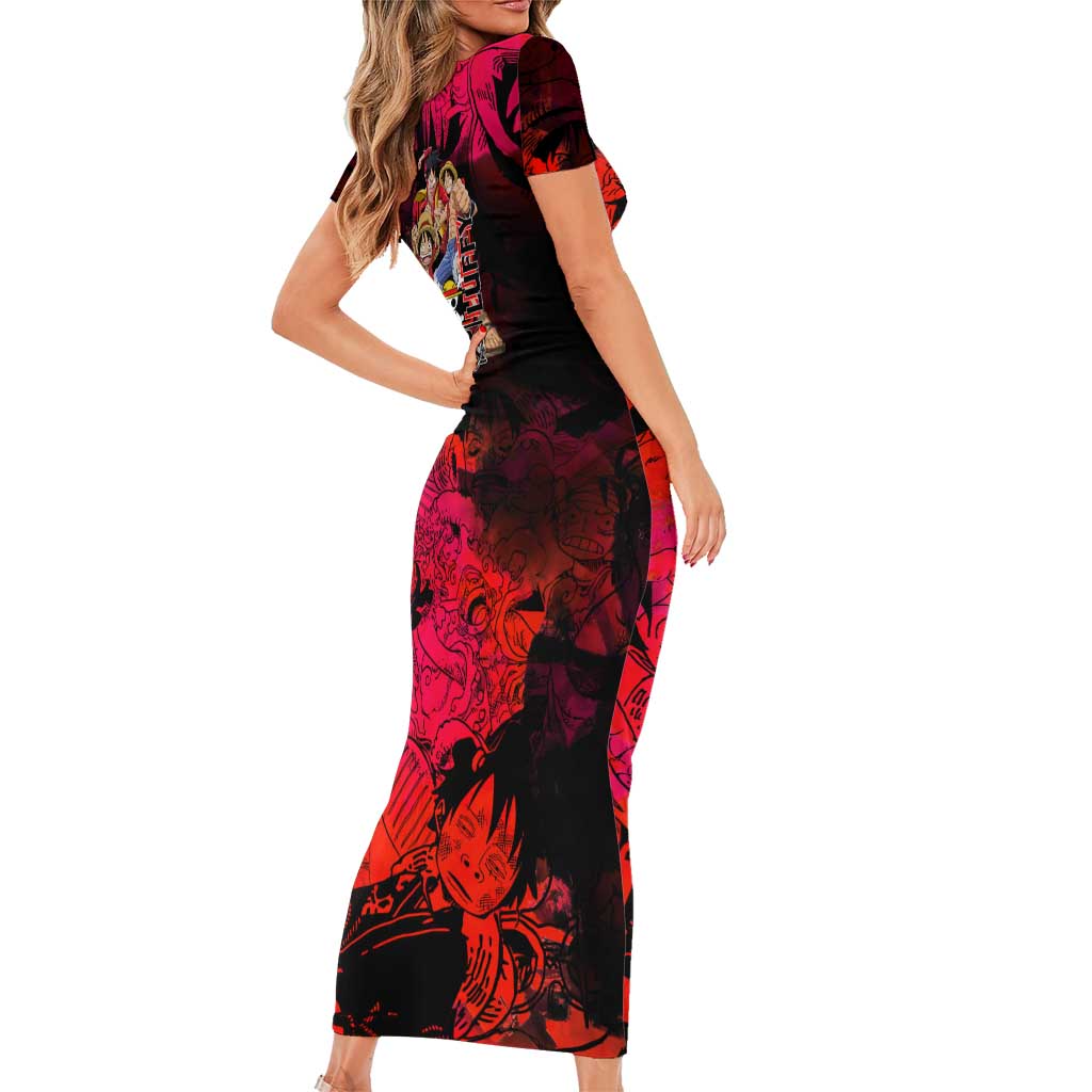 Luffy One Piece Red Theme Family Matching Short Sleeve Bodycon Dress and Hawaiian Shirt with Straw Hat Crew and Gear Transformation Design