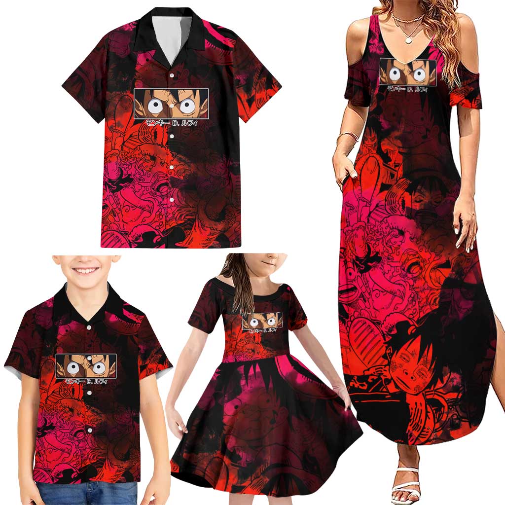 Luffy One Piece Red Theme Family Matching Summer Maxi Dress and Hawaiian Shirt with Straw Hat Crew and Gear Transformation Design