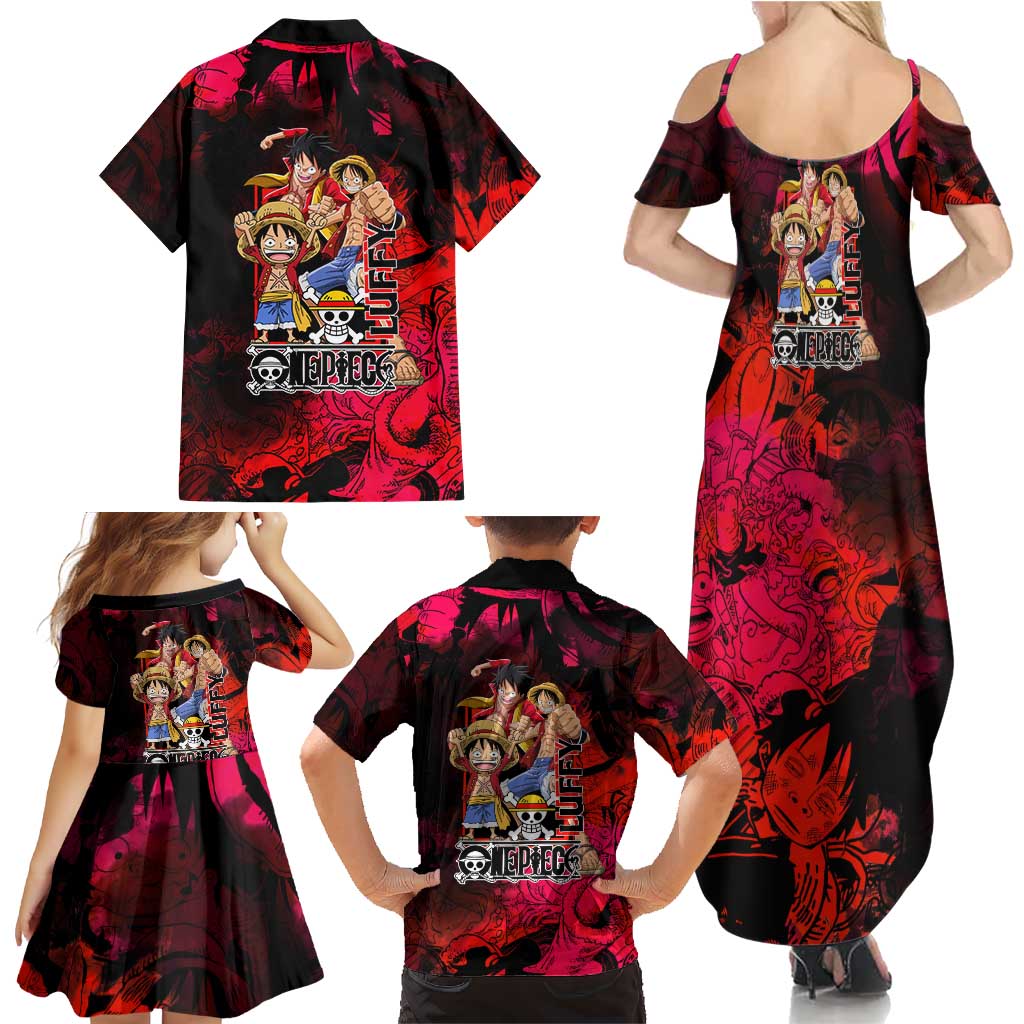Luffy One Piece Red Theme Family Matching Summer Maxi Dress and Hawaiian Shirt with Straw Hat Crew and Gear Transformation Design