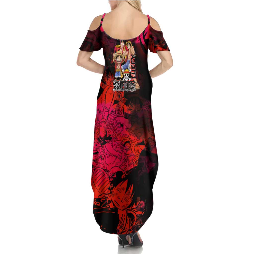 Luffy One Piece Red Theme Family Matching Summer Maxi Dress and Hawaiian Shirt with Straw Hat Crew and Gear Transformation Design