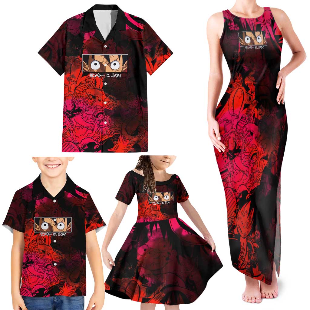 Luffy One Piece Red Theme Family Matching Tank Maxi Dress and Hawaiian Shirt with Straw Hat Crew and Gear Transformation Design