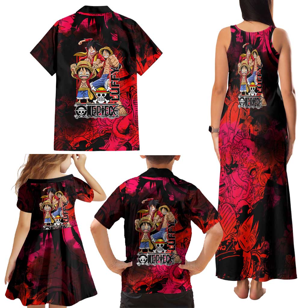 Luffy One Piece Red Theme Family Matching Tank Maxi Dress and Hawaiian Shirt with Straw Hat Crew and Gear Transformation Design