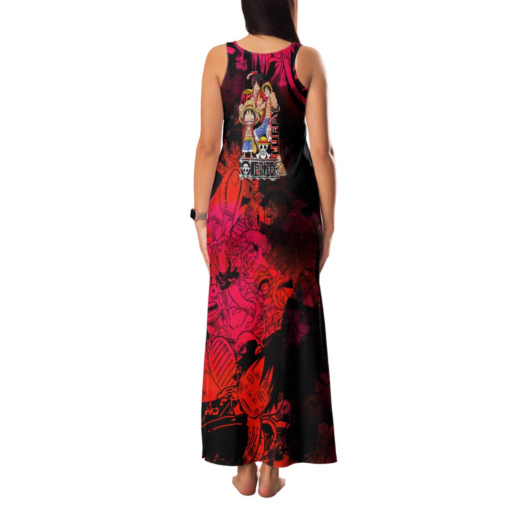Luffy One Piece Red Theme Family Matching Tank Maxi Dress and Hawaiian Shirt with Straw Hat Crew and Gear Transformation Design