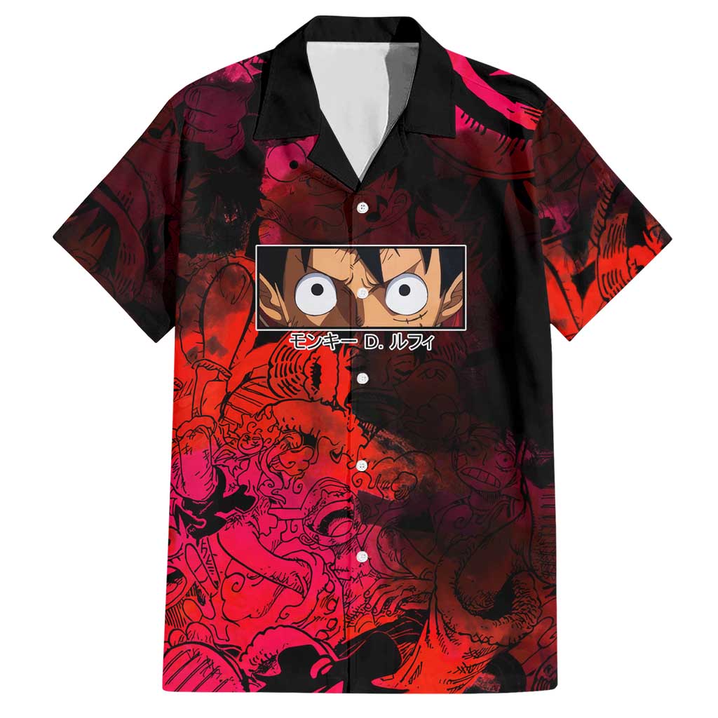 Luffy One Piece Red Theme Hawaiian Shirt with Straw Hat Crew and Gear Transformation Design - The Mazicc