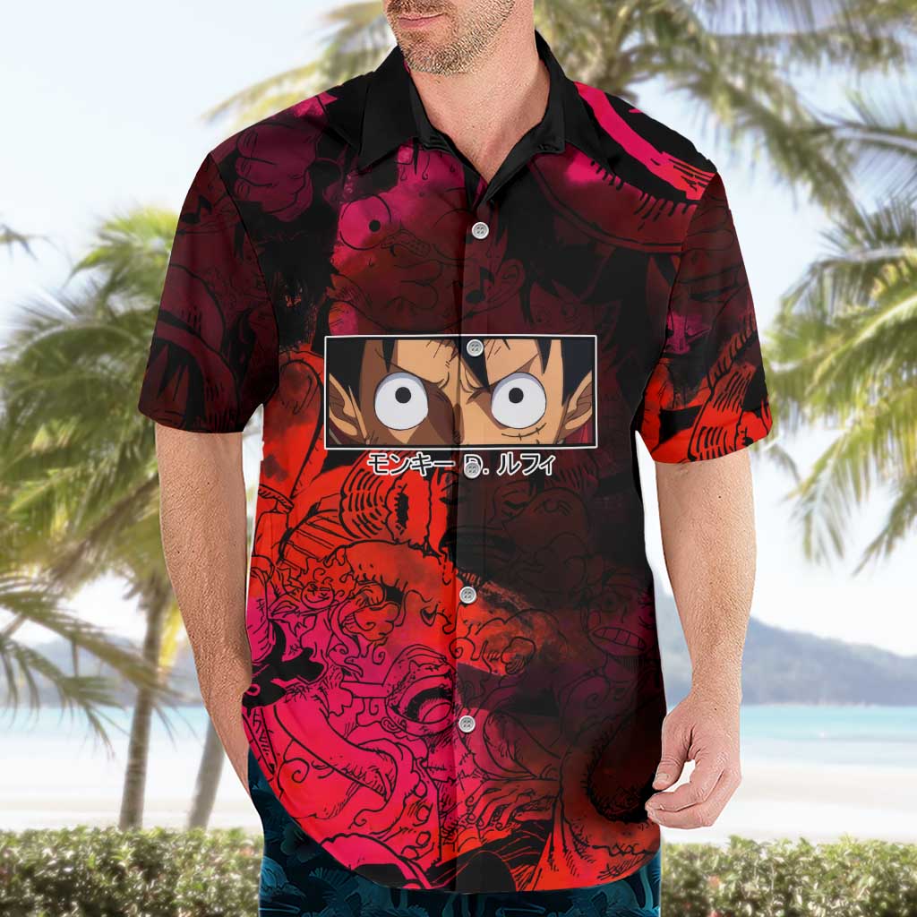 Luffy One Piece Red Theme Hawaiian Shirt with Straw Hat Crew and Gear Transformation Design - The Mazicc