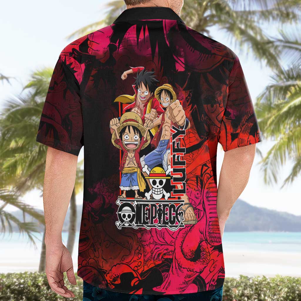 Luffy One Piece Red Theme Hawaiian Shirt with Straw Hat Crew and Gear Transformation Design - The Mazicc