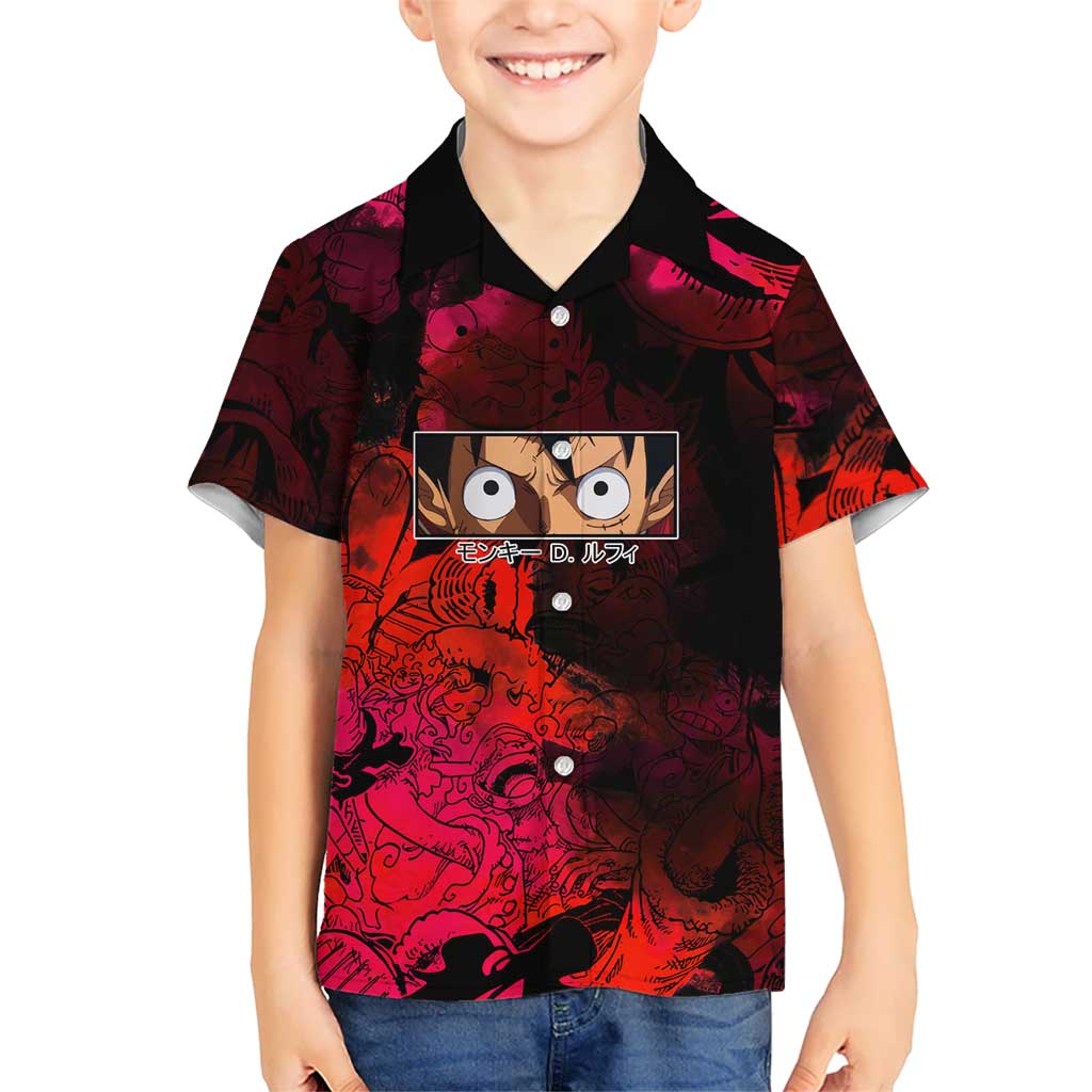 Luffy One Piece Red Theme Hawaiian Shirt with Straw Hat Crew and Gear Transformation Design - The Mazicc