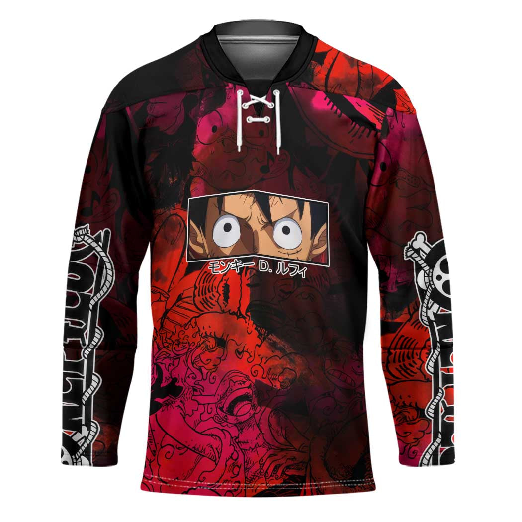 Luffy One Piece Red Theme Hockey Jersey with Straw Hat Crew and Gear Transformation Design - The Mazicc