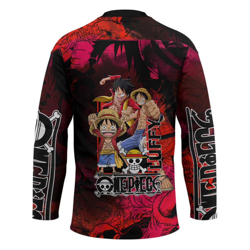 Luffy One Piece Red Theme Hockey Jersey with Straw Hat Crew and Gear Transformation Design - The Mazicc
