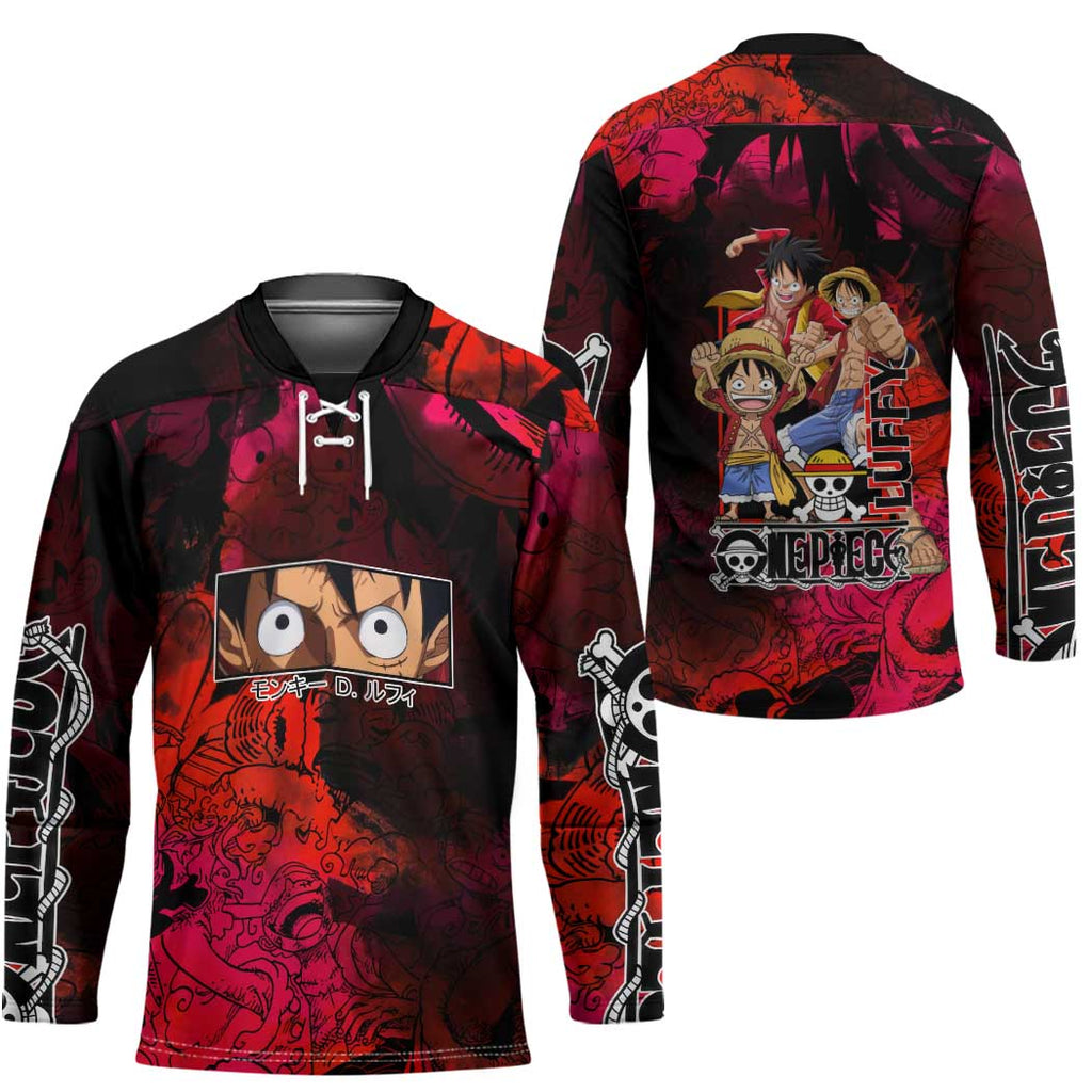 Luffy One Piece Red Theme Hockey Jersey with Straw Hat Crew and Gear Transformation Design - The Mazicc