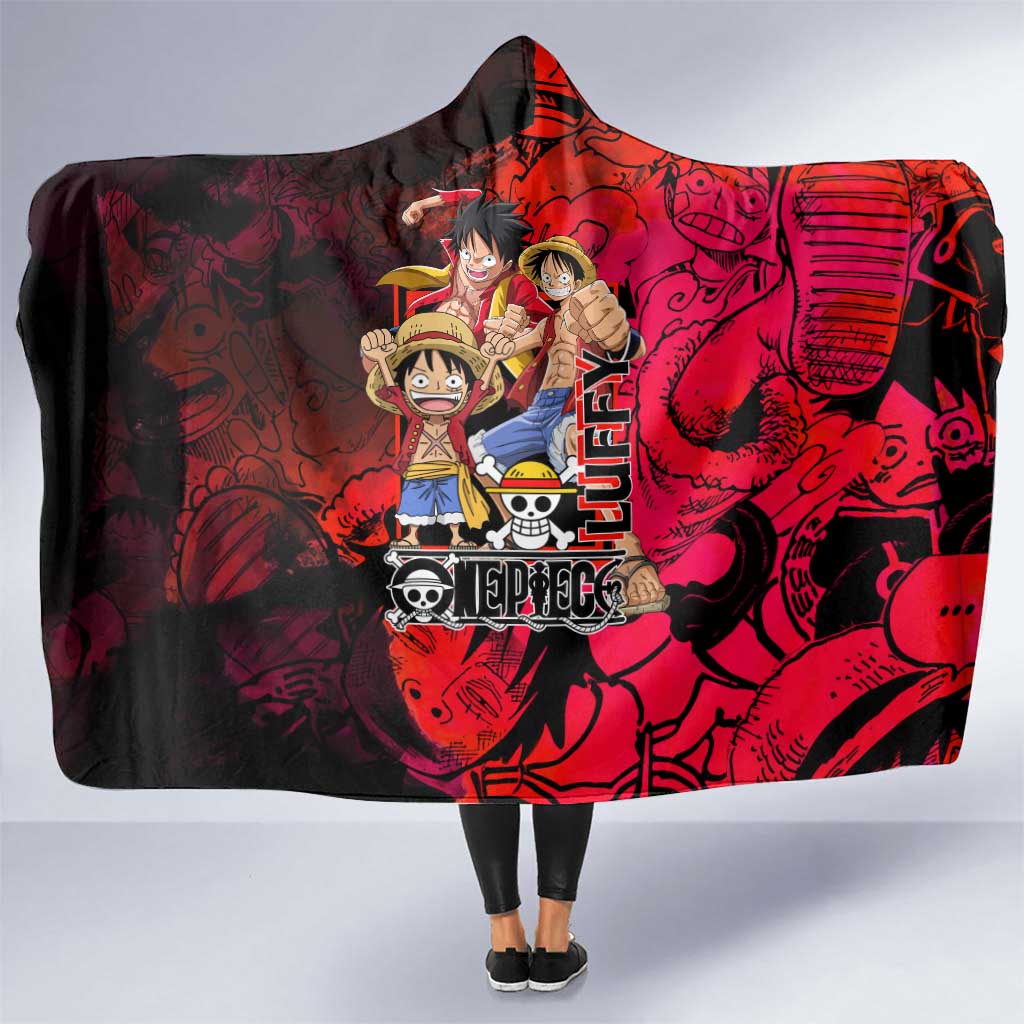 Luffy One Piece Red Theme Hooded Blanket with Straw Hat Crew and Gear Transformation Design - The Mazicc