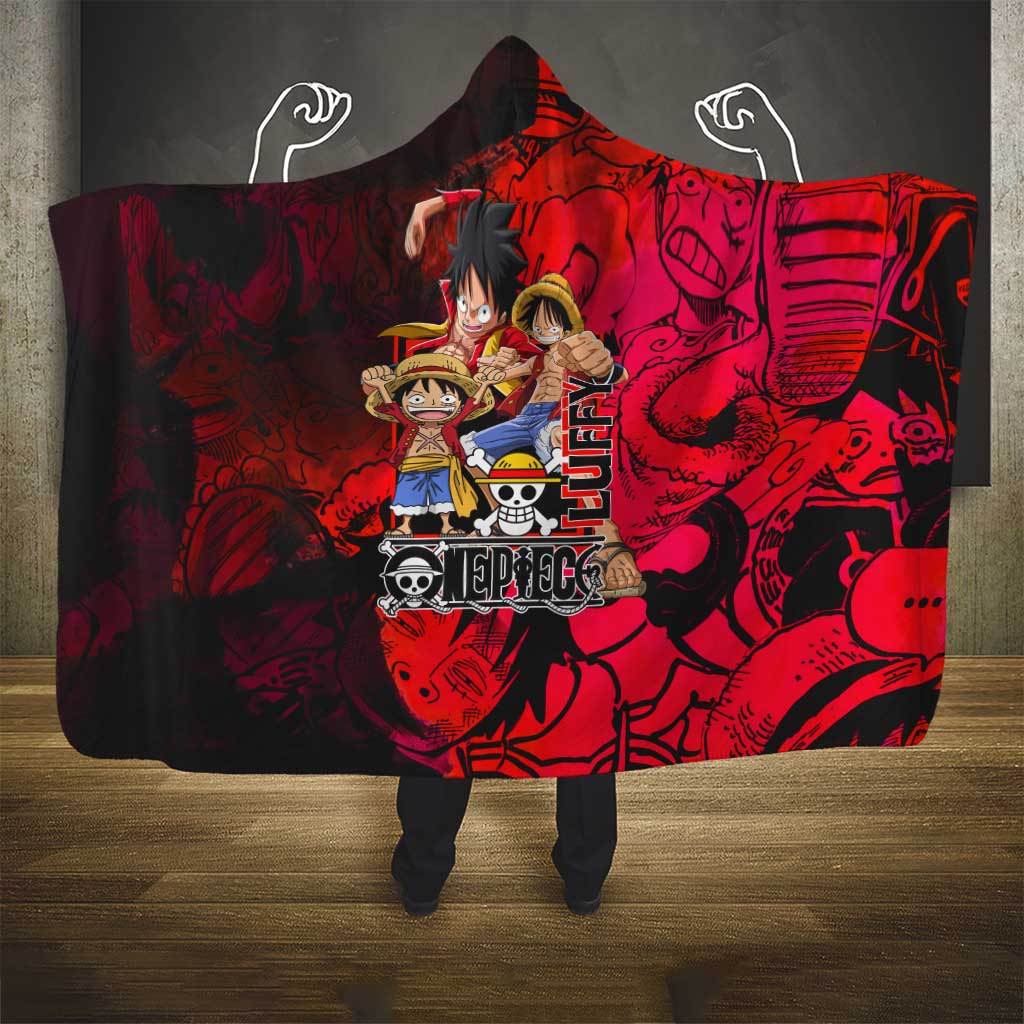Luffy One Piece Red Theme Hooded Blanket with Straw Hat Crew and Gear Transformation Design - The Mazicc