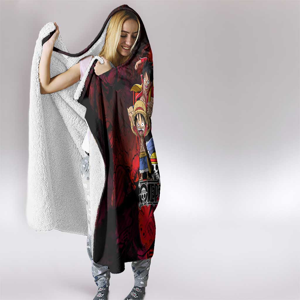 Luffy One Piece Red Theme Hooded Blanket with Straw Hat Crew and Gear Transformation Design - The Mazicc
