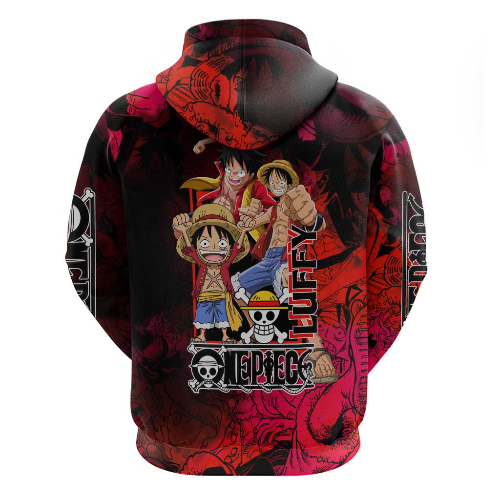 Luffy One Piece Red Theme Hoodie with Straw Hat Crew and Gear Transformation Design - The Mazicc