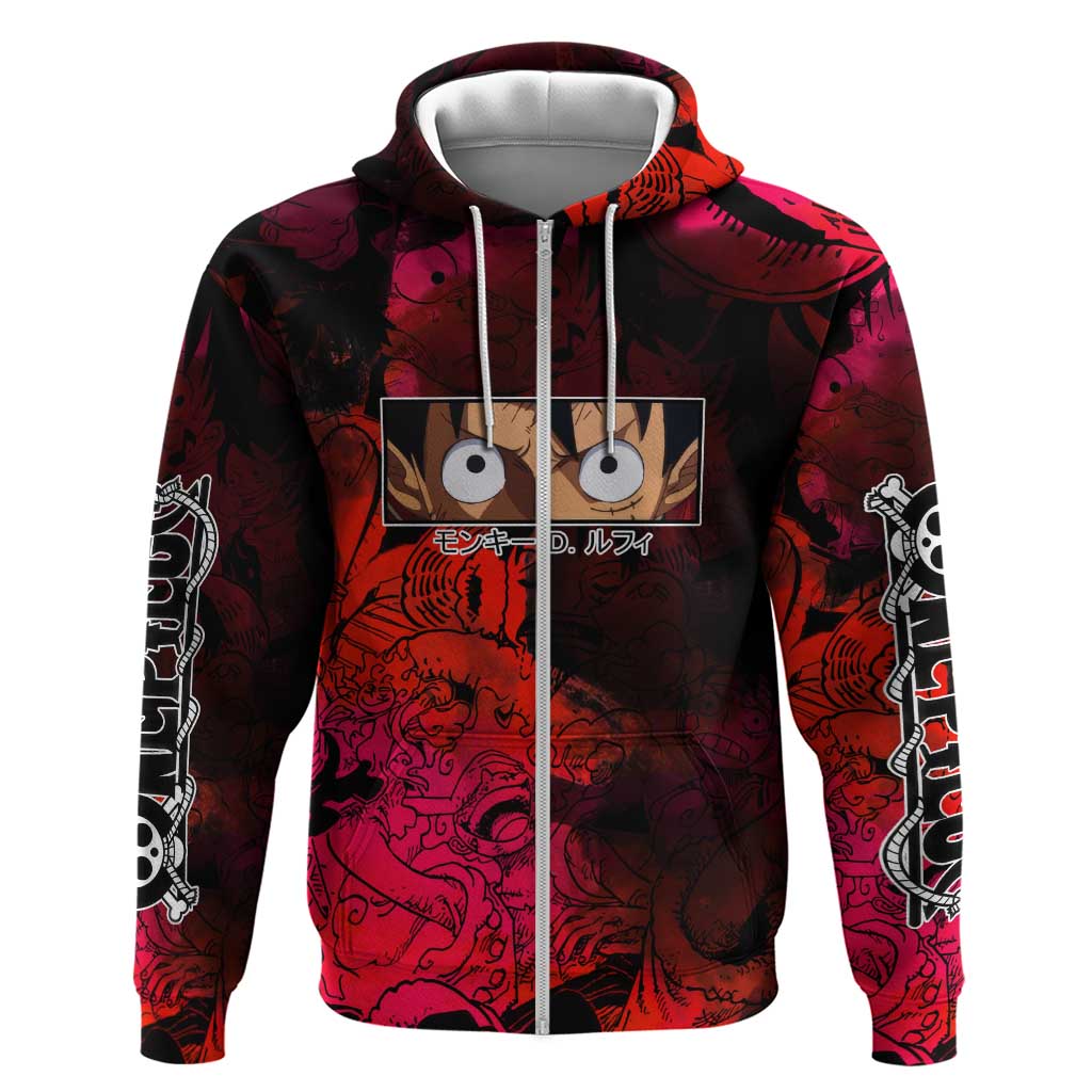 Luffy One Piece Red Theme Hoodie with Straw Hat Crew and Gear Transformation Design - The Mazicc