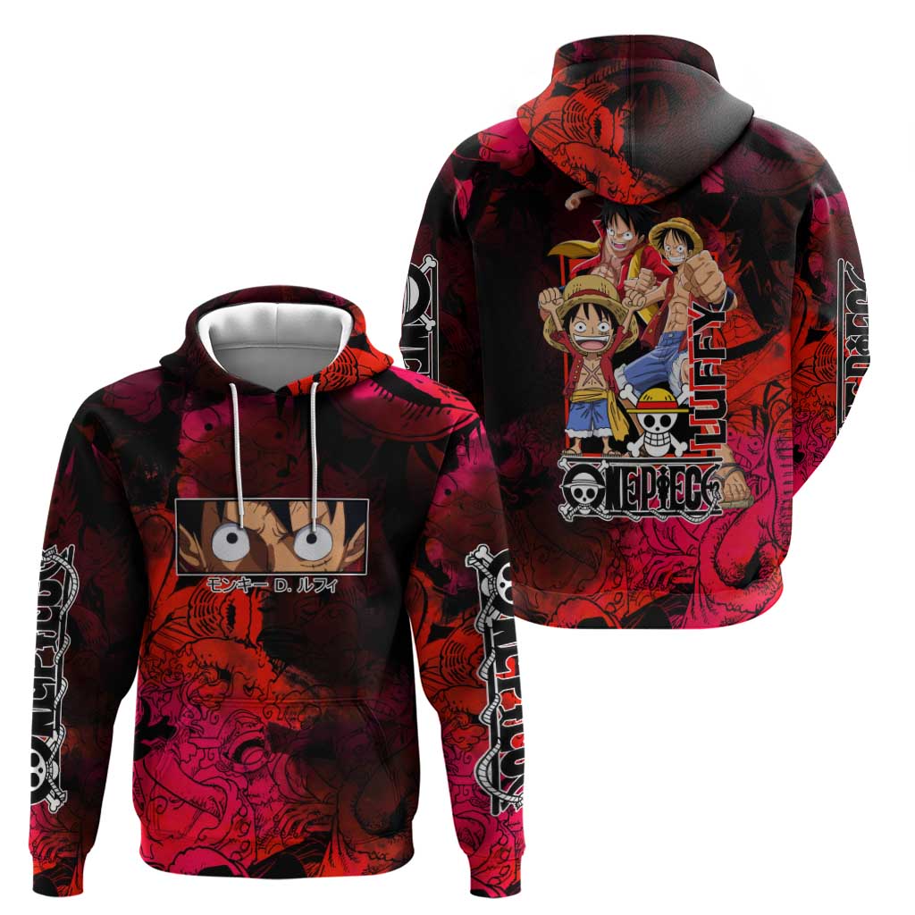 Luffy One Piece Red Theme Hoodie with Straw Hat Crew and Gear Transformation Design - The Mazicc