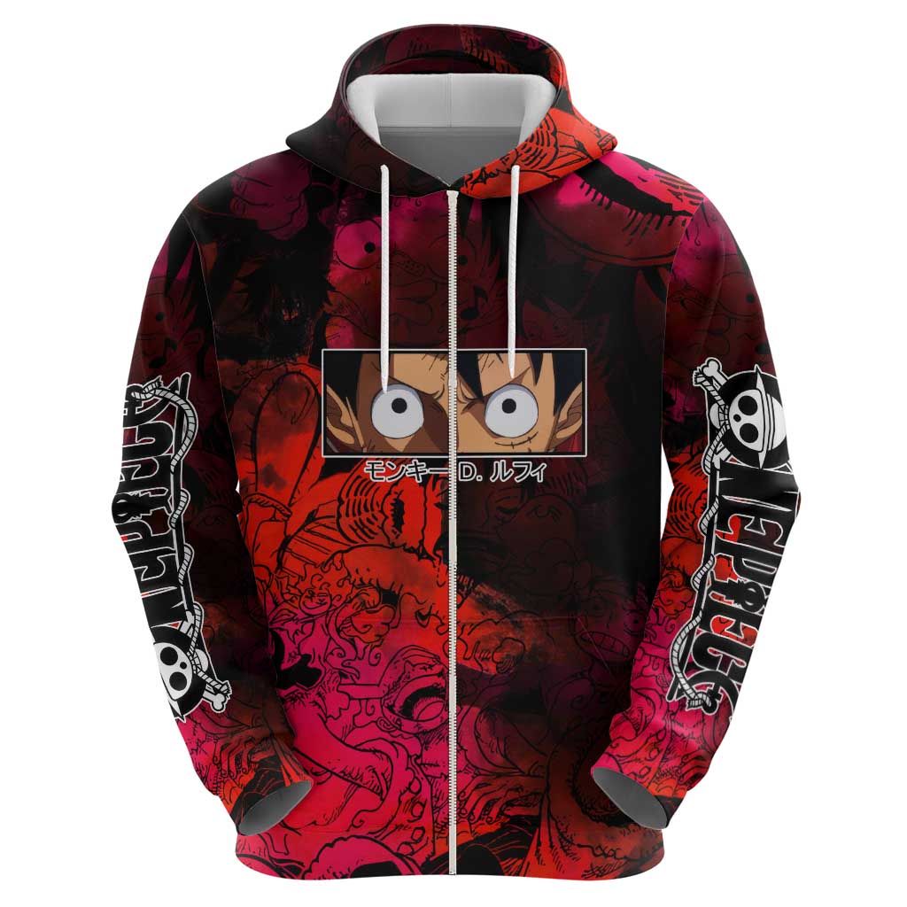 Luffy One Piece Red Theme Hoodie with Straw Hat Crew and Gear Transformation Design - The Mazicc