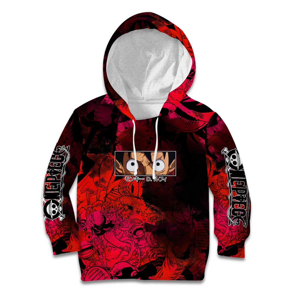 Luffy One Piece Red Theme Kid Hoodie with Straw Hat Crew and Gear Transformation Design - The Mazicc