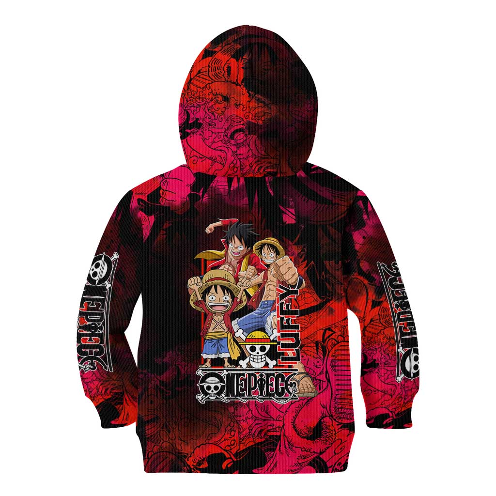 Luffy One Piece Red Theme Kid Hoodie with Straw Hat Crew and Gear Transformation Design - The Mazicc