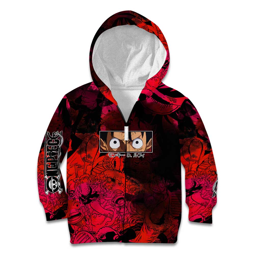 Luffy One Piece Red Theme Kid Hoodie with Straw Hat Crew and Gear Transformation Design - The Mazicc