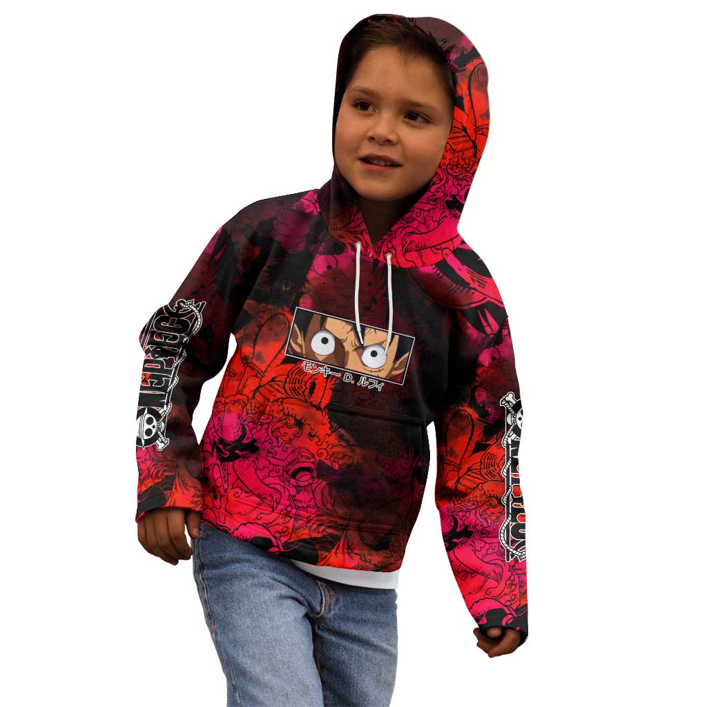 Luffy One Piece Red Theme Kid Hoodie with Straw Hat Crew and Gear Transformation Design - The Mazicc