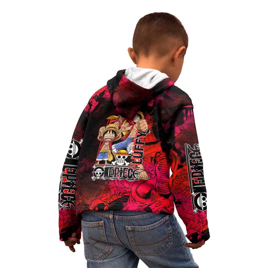 Luffy One Piece Red Theme Kid Hoodie with Straw Hat Crew and Gear Transformation Design - The Mazicc
