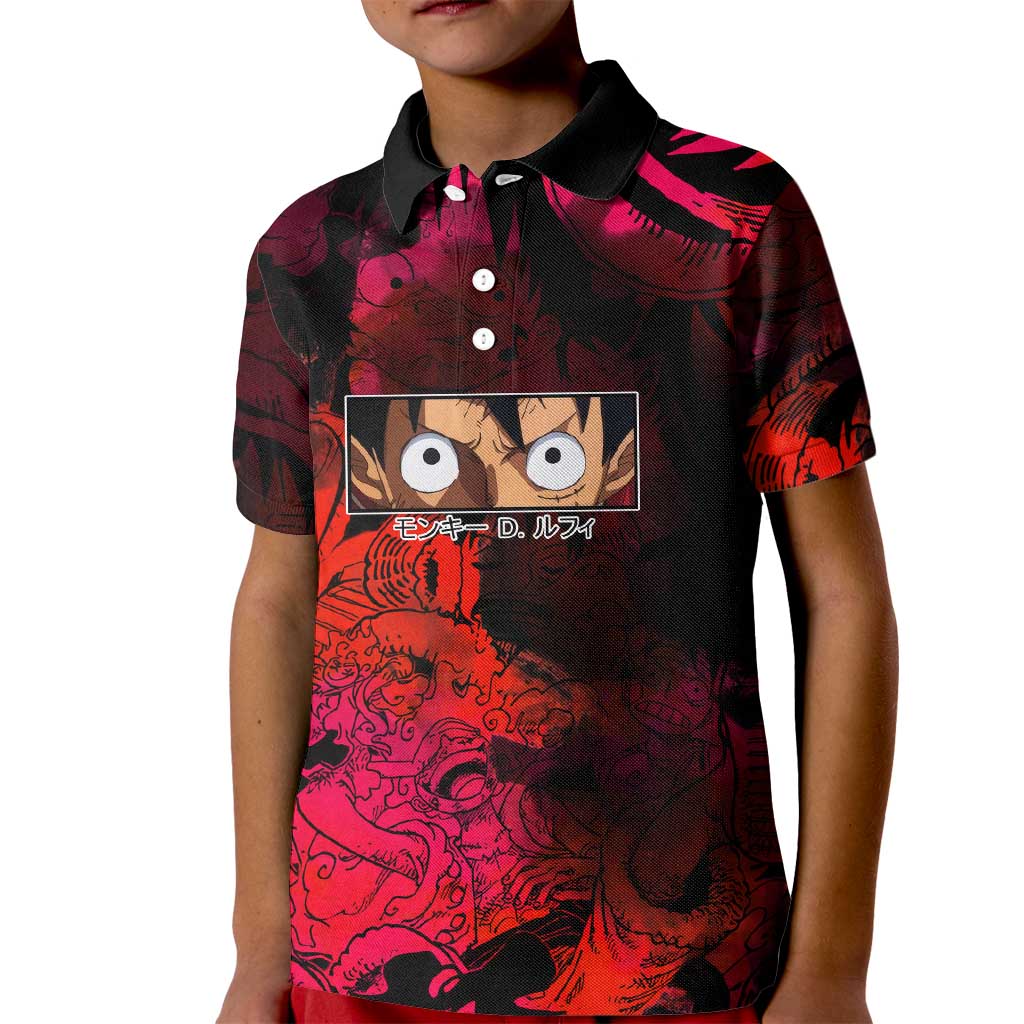 Luffy One Piece Red Theme Kid Polo Shirt with Straw Hat Crew and Gear Transformation Design - The Mazicc