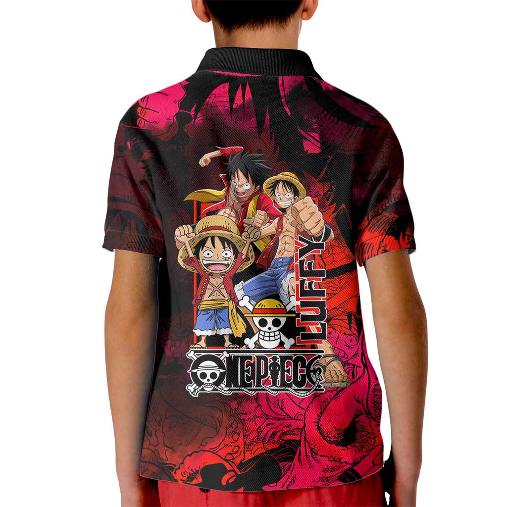 Luffy One Piece Red Theme Kid Polo Shirt with Straw Hat Crew and Gear Transformation Design - The Mazicc