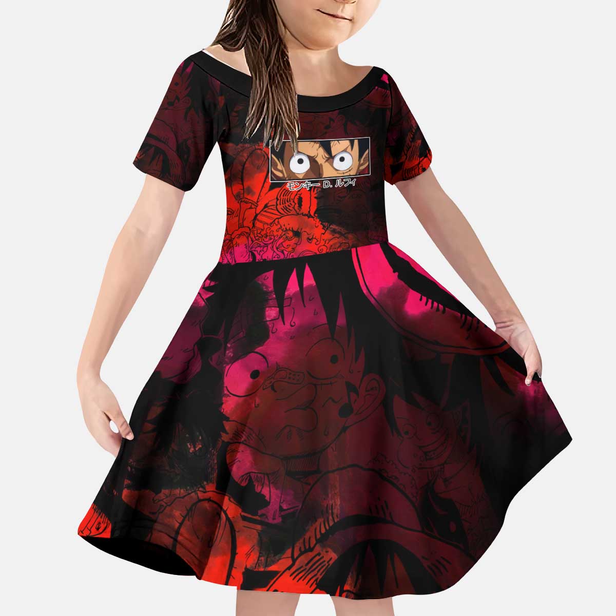 Luffy One Piece Red Theme Kid Short Sleeve Dress with Straw Hat Crew and Gear Transformation Design - The Mazicc