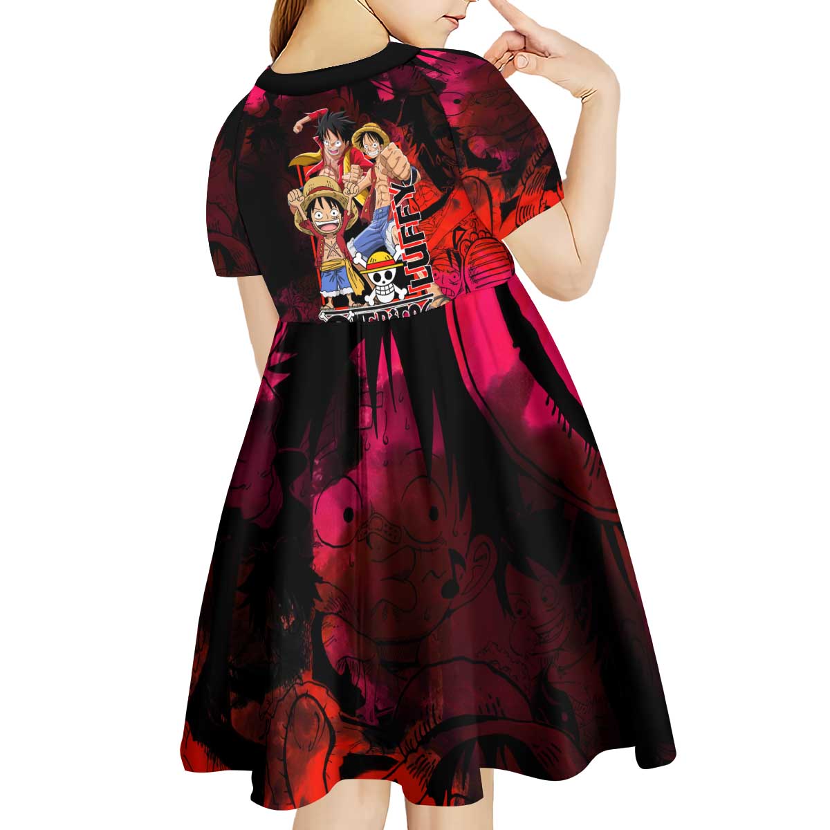 Luffy One Piece Red Theme Kid Short Sleeve Dress with Straw Hat Crew and Gear Transformation Design - The Mazicc