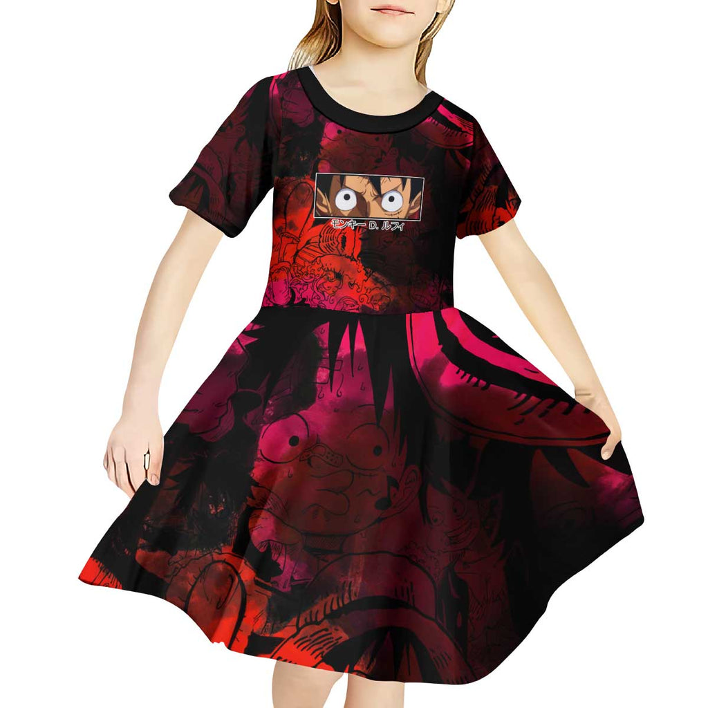 Luffy One Piece Red Theme Kid Short Sleeve Dress with Straw Hat Crew and Gear Transformation Design - The Mazicc