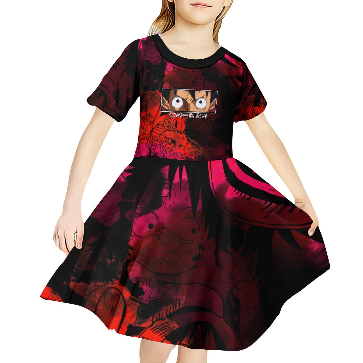 Luffy One Piece Red Theme Kid Short Sleeve Dress with Straw Hat Crew and Gear Transformation Design - The Mazicc