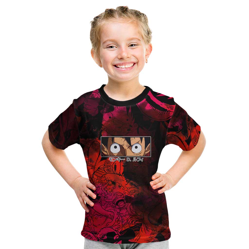 Luffy One Piece Red Theme Kid T Shirt with Straw Hat Crew and Gear Transformation Design - The Mazicc