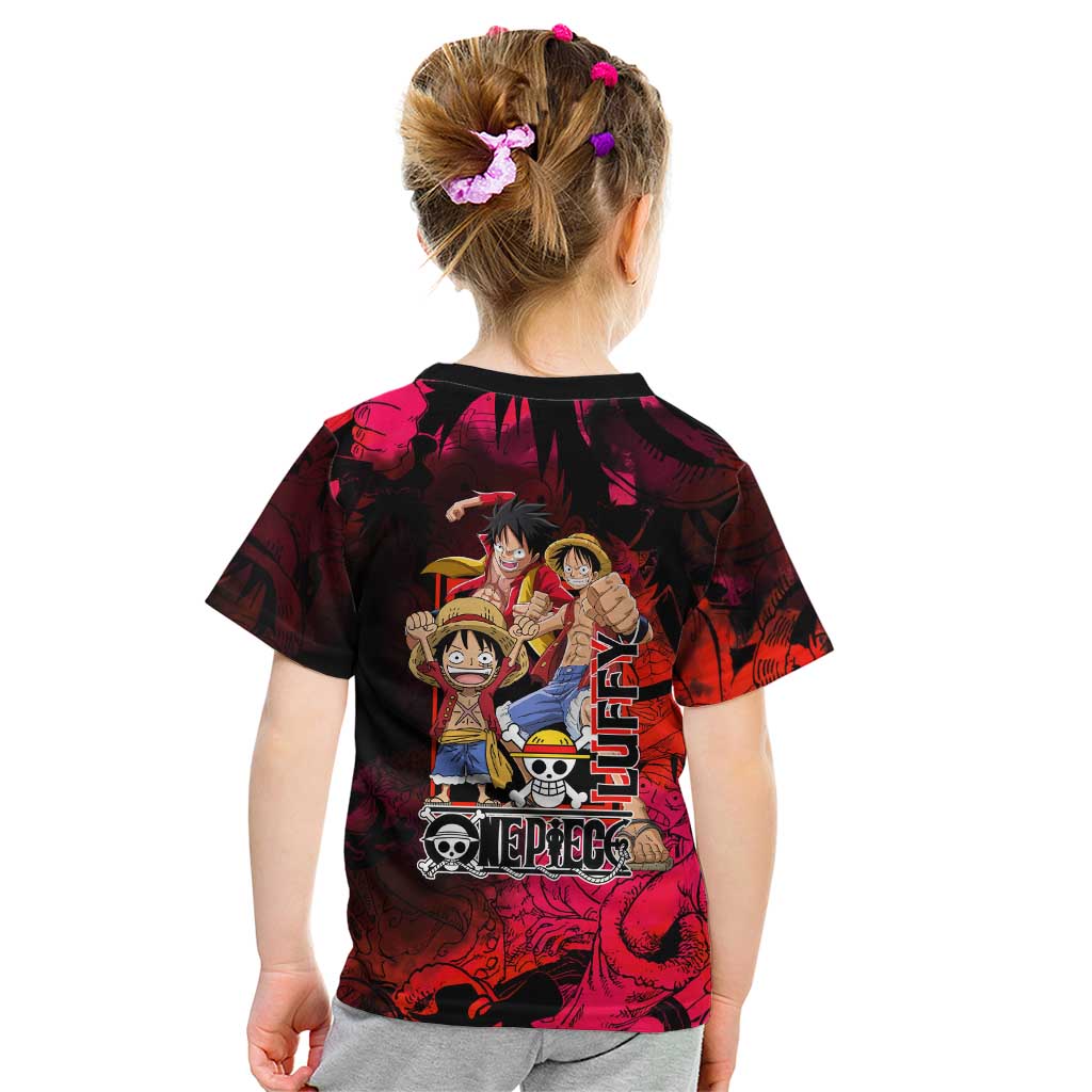 Luffy One Piece Red Theme Kid T Shirt with Straw Hat Crew and Gear Transformation Design - The Mazicc