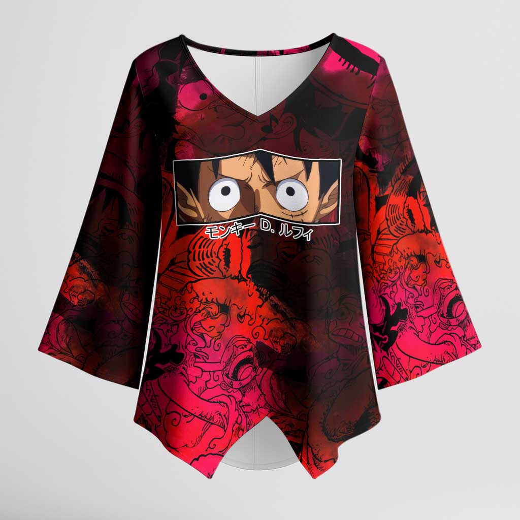 Luffy One Piece Red Theme Kimono Sleeve Blouse with Straw Hat Crew and Gear Transformation Design - The Mazicc