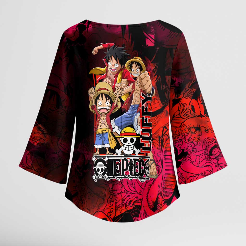 Luffy One Piece Red Theme Kimono Sleeve Blouse with Straw Hat Crew and Gear Transformation Design - The Mazicc