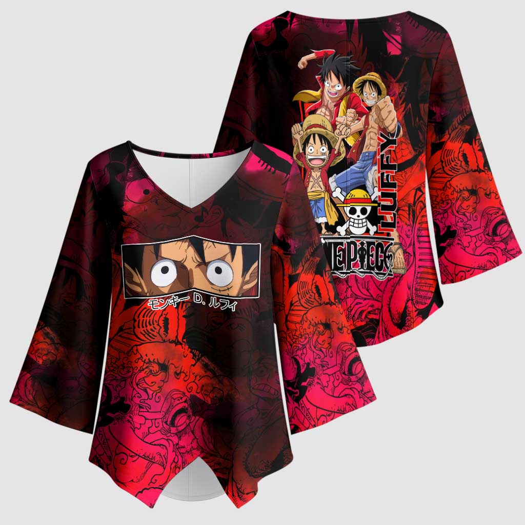 Luffy One Piece Red Theme Kimono Sleeve Blouse with Straw Hat Crew and Gear Transformation Design - The Mazicc